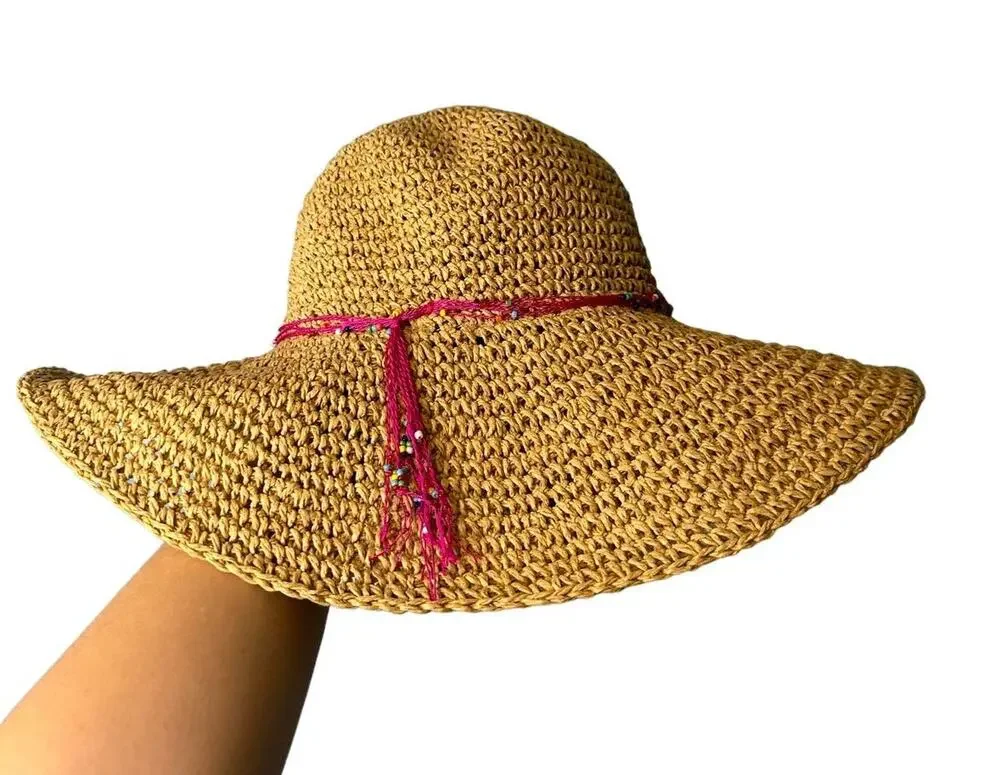Vintage Beach Hat Womens Raffia Straw Pink Beaded Floppy Resort Vacation Y2k - Picture 1 of 3